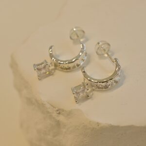 Pure silver C-shaped zircon earrings - Image 9